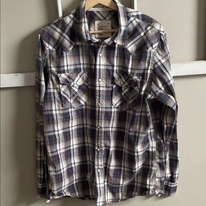 American Eagle Outfitters Plaid Long-Sleeve Button-Down in Blue, Brown & White